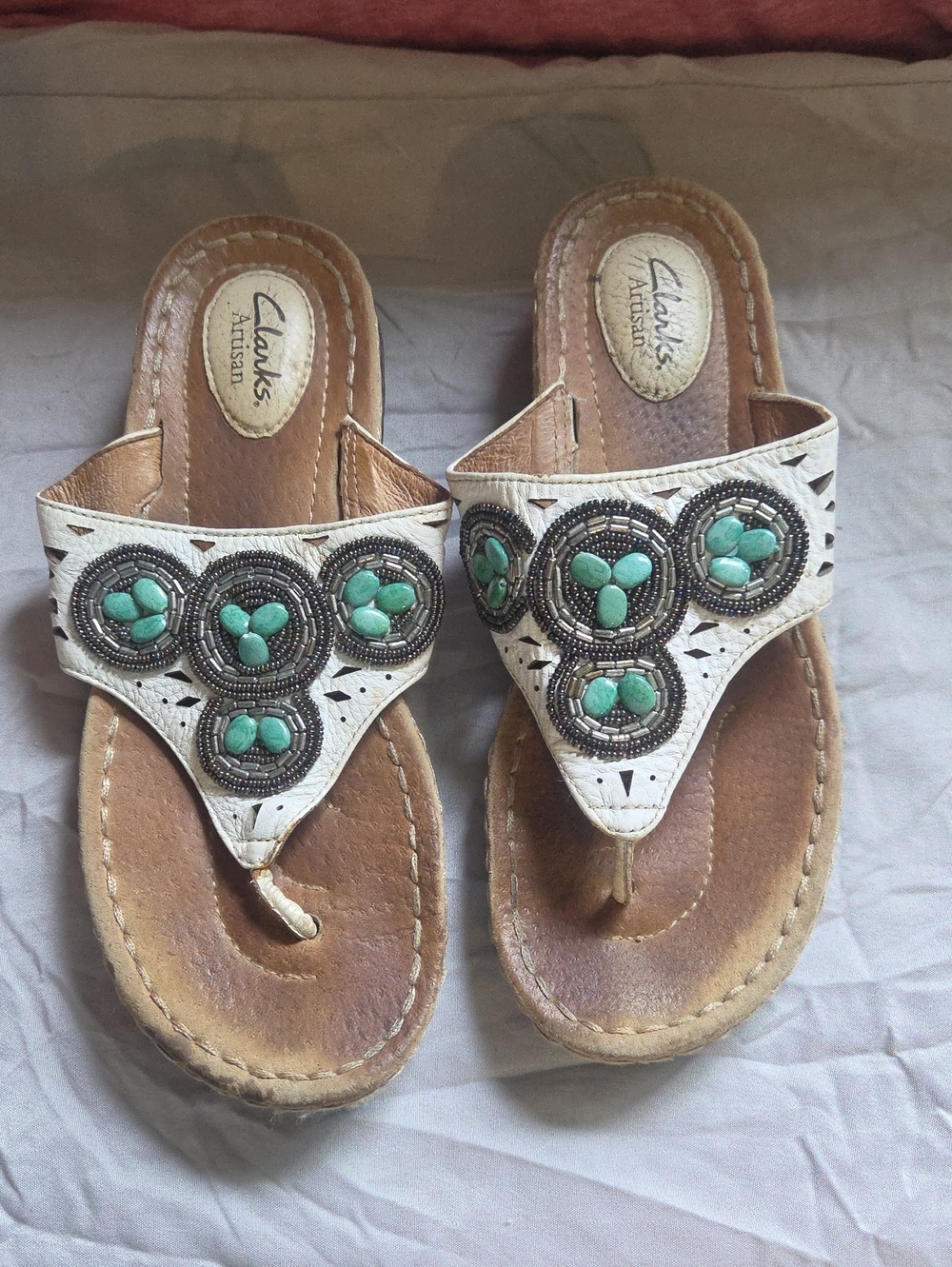Clark Artisan Leather Beaded Thong Sandals with Turquoise Accents